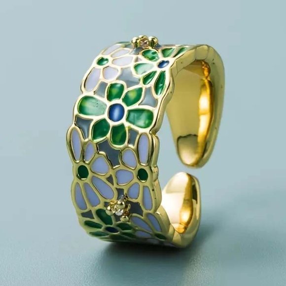 #2 GREEN & PALE LILAC ENAMEL GOLD CLAD BAND RING 46 - Picture 2 of 2